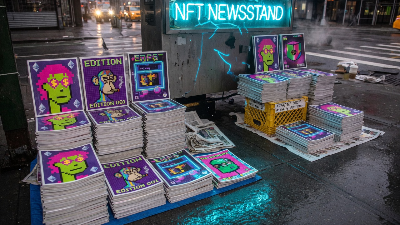 Cyan morning newsstand with stacked NFT editions