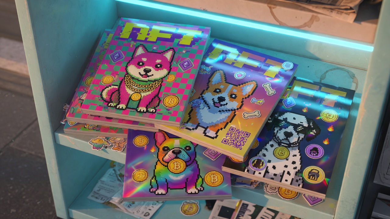Pixel dog NFT editions stacked in a cyan newsstand rack at dawn
